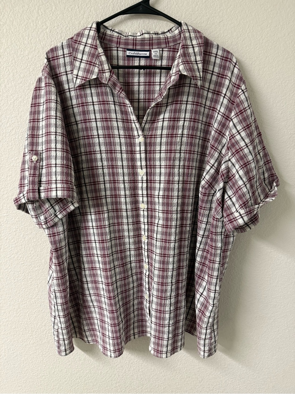 Women’s Coldwater Creek Short-Sleeve Plaid Shirt - Burgundy & White